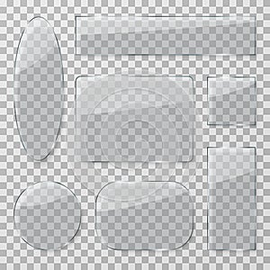 Transparent glass buttons. Plastic glossy clear plates. Shiny glass rectangular and round textures isolated vector set