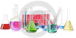 Transparent glass chemical flasks full off colored liquid and empty beaker isolated on background. 3d rendering