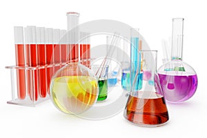 Transparent glass chemical flasks full off colored liquid and empty beaker isolated on background. 3d rendering