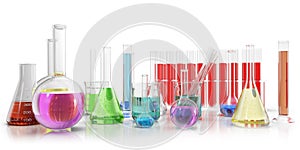 Transparent glass chemical flasks full off colored liquid and empty beaker isolated on background. 3d rendering