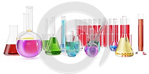 Transparent glass chemical flasks full off colored liquid and empty beaker isolated on background. 3d rendering
