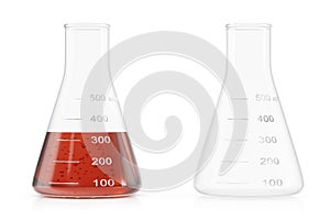 Transparent glass chemical flasks full of red liquid and empty beaker isolated on white background. 3D illustration