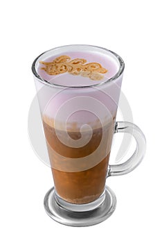 Transparent glass with coffee espresso, frothed milk, pink syrup, whipped cream and topping isolated on a white background,