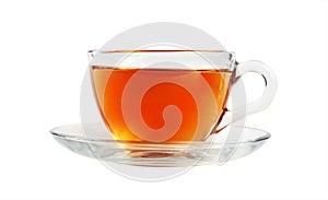 Transparent glass cup of black tea isolated
