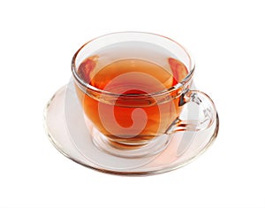 Transparent glass cup of black tea isolated