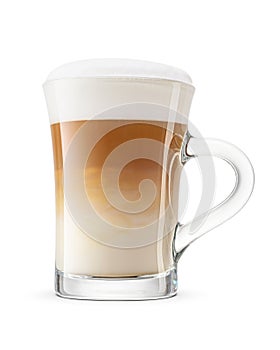 Transparent glass cup with cappuccino coffee and milk foam isolated on white