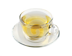 Transparent glass cup of green tea isolated