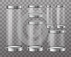 Transparent glass cylinder capsule showcase photo