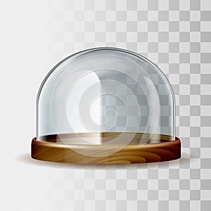 Transparent glass dome and wooden tray in 3D realistic design.