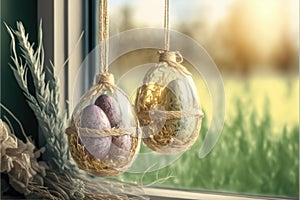 Transparent glass Easter eggs with Springtime decor, dry plants, flowers and small eggs. Glass eggs hang on hemp cord by window.
