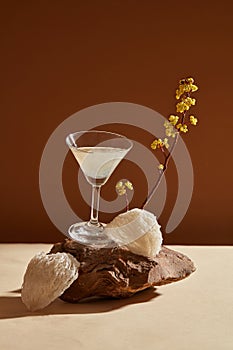 A transparent glass filled with bird nest soup placed on a stone with edible bird nests around.