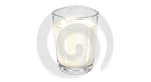 A transparent glass is filled with a light beige liquid, reflecting some light. The glass has