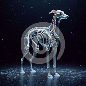 Transparent glass form of dog body with skeleton visible