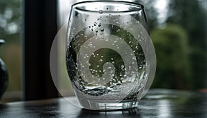 Transparent glass of fresh purified water with dew drops generated by AI