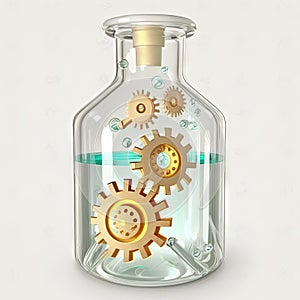 Transparent glass laboratory bottle with gold gears inside. White background. Engineering mechanism concept. AI