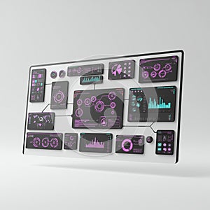 A transparent glass panel displays multiple digital interfaces and data visualizations