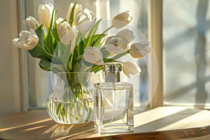 Transparent glass perfume bottle on table with vase full of cream tulips. Gentle light from window