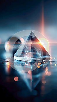 Transparent glass pyramid glowing with reflections of warm and cool lights