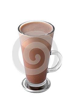 Transparent glass with raf coffee made with espresso, frothed milk, cream, syrup and topping isolated on a white background,