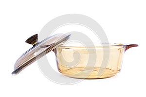 Transparent Glass Saucepan With Lid Over White Background