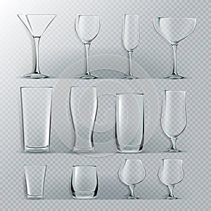Transparent Glass Set Vector. Transparent Empty Glasses Goblets For Water, Alcohol, Juice, Cocktail Drink. Realistic