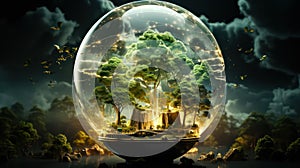 Transparent glass sphere encases a miniature forest