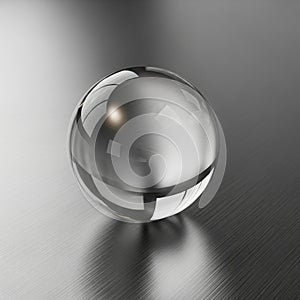 A transparent glass sphere rests on a brushed metal surface. The sphere reflects light