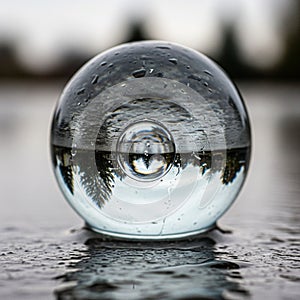 Reflective surface, capturing and inverting the image of blurred trees in