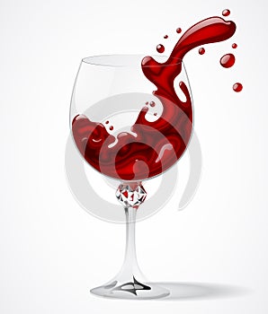 Transparent glass with splashed red wine on white background