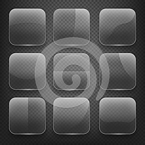 Transparent glass square app buttons on checkered background. Vector icons set