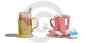 Transparent glass of tea and cup of coffee on a saucer with a spoon