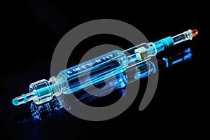 A transparent glass tube containing a light source emitting a glowing illumination, Single use syringe, Plastic insulin syringe,