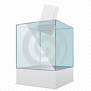 Transparent glass voting basket with envelope on simple background