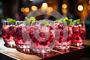 Transparent Glasses of refreshing lemonades with ice cubes and fresh fruit and berries, close-up
