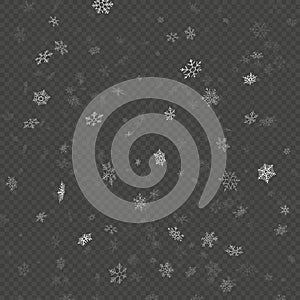 Transparent glitter Christmas eve snowfall effect for Christmas and New Year Design with snowflakes. Falling shining