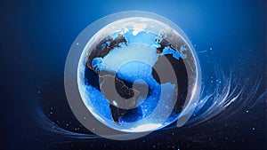 Transparent globe of Earth planet from blue glowing particulars on blue background