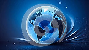 Transparent globe of Earth planet from blue glowing particulars on blue background