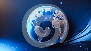 Transparent globe of Earth planet from blue glowing particulars on blue background