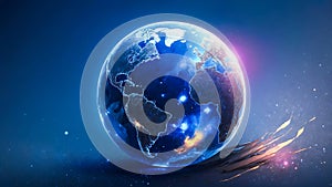 Transparent globe of Earth planet from blue glowing particulars on blue background