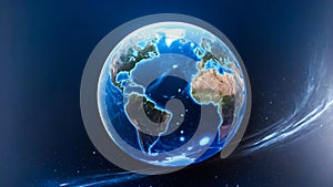 Transparent globe of Earth planet from blue glowing particulars on blue background