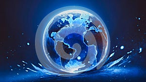 Transparent globe of Earth planet from blue glowing particulars on blue background