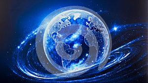 Transparent globe of Earth planet from blue glowing particulars on blue background