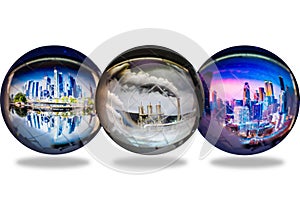 Transparent globes with city and pollution reflect inside, global