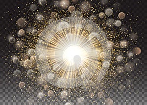 Transparent glow light effect. Star burst with sparkles. Gold glitter. Vector abstract background. Motion Luxury Design