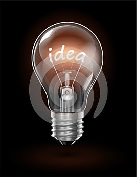 Transparent glowing light bulb on a dark background with the word IDEA instead of a tungsten filament. Highly realistic