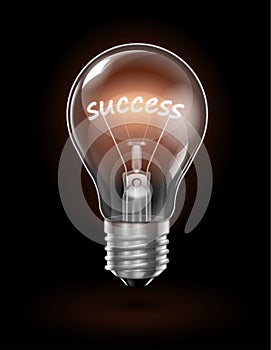 Transparent glowing light bulb on a dark background with the word Success instead of a tungsten filament. Highly realistic