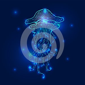 Transparent glowing neon blue and turquoise medusa blubber jellyfish set decorative background poster