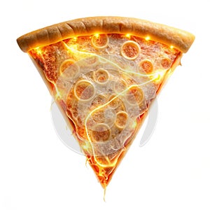 Transparent glowing pizza slice with floating cheese strings