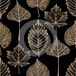 Transparent gold skeleton leaves autumn seamless pattern