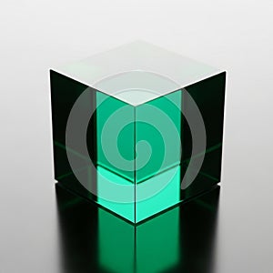 Transparent Green Glass Cube Reflecting Light on a Dark Surface geometric shape